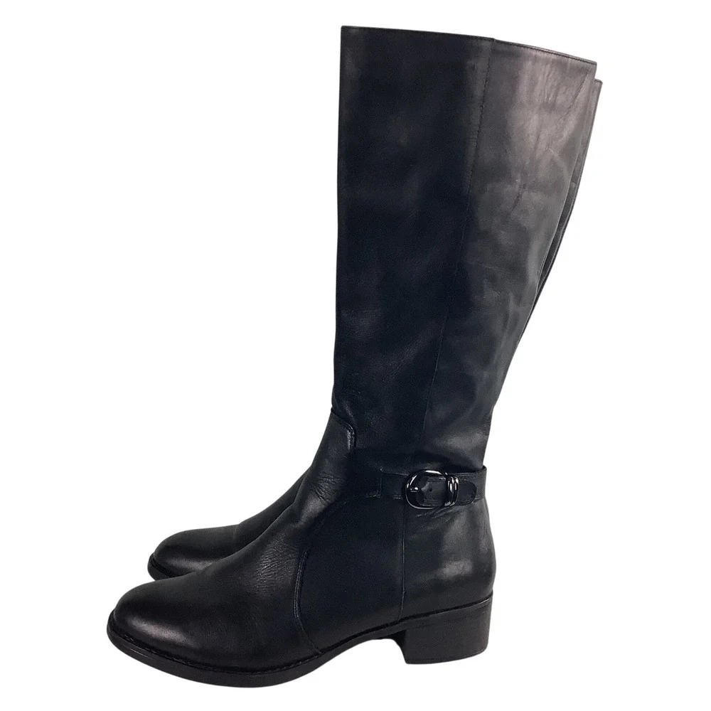 Franco Sarto Cecily Black Leather Knee High Boots Wide 11W 733410 Low Heel